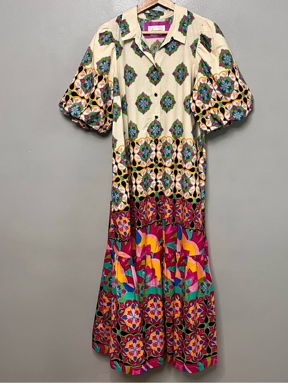 Anthropologie Mixed Print Buttondown Maxi Dress W/ Puff Sleeves Cotton Medium